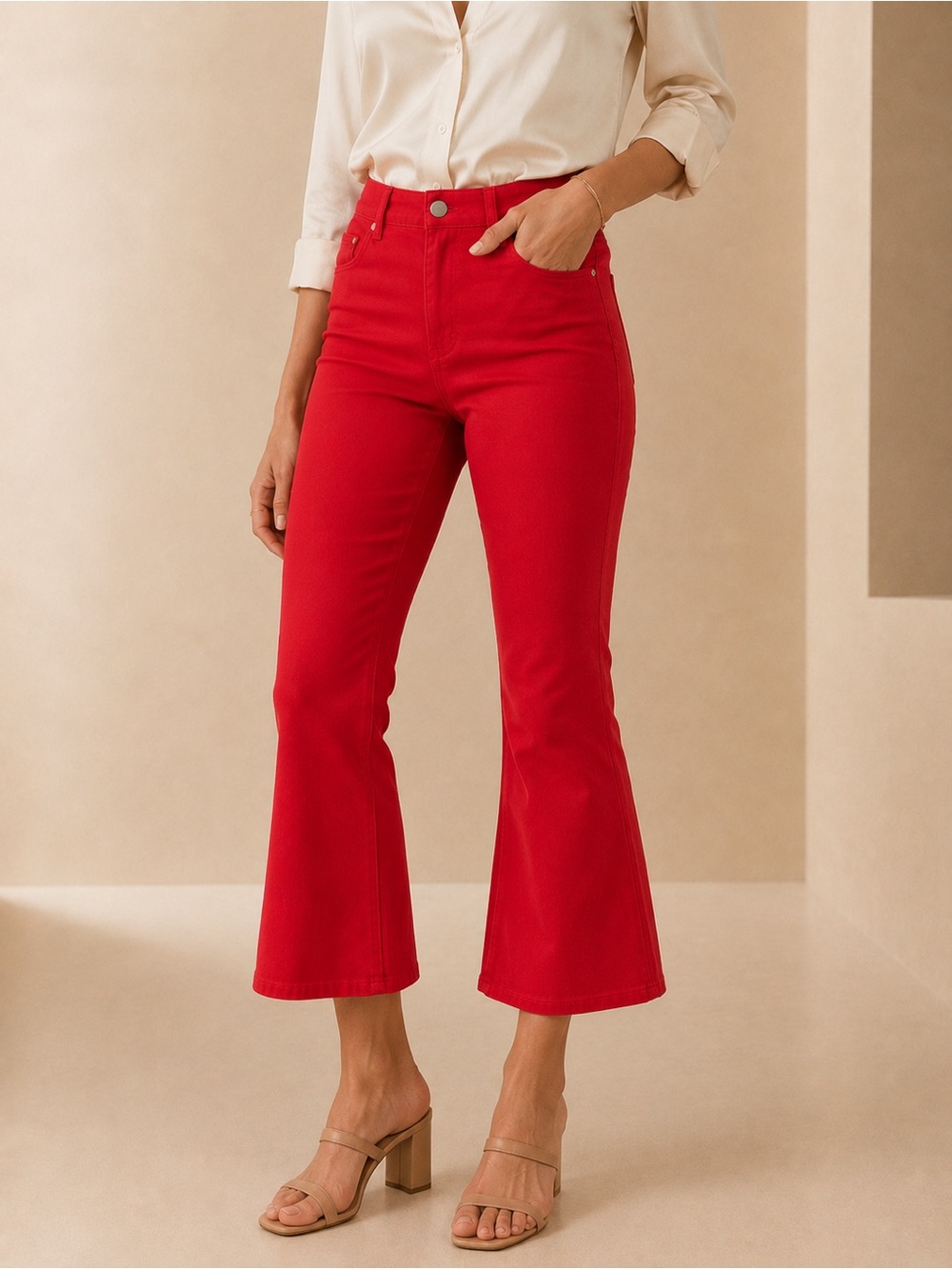 LOFT The Kick Crop Cherry Red High Waist Kick Out Cropped Denim Jeans Size 32/14